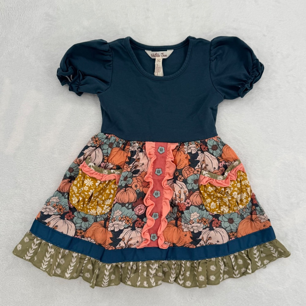 Matilda Jane Kids Fall Pumpkin Floral Ruffle Dress 3T Mixed Print Pockets 2000s